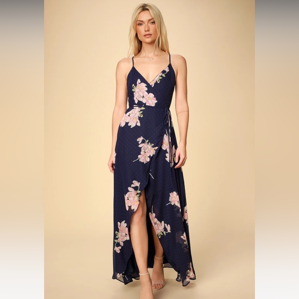 Lulu’s Loiselle Navy Blue Floral Print Polka Dot Wrap Maxi Dress